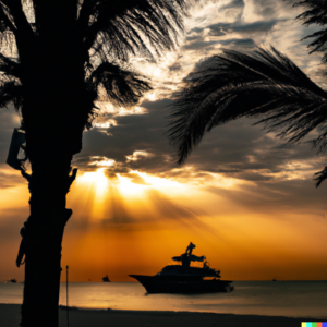 Sonnenuntergang mit Palmen und Yacht, DALL·E, prompted by Michael Voß