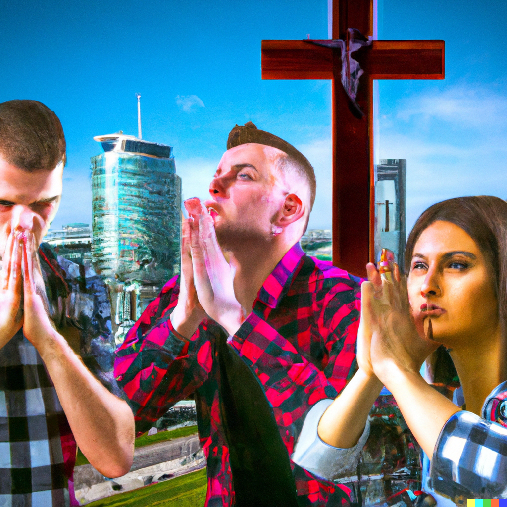 Jugendliche beten in der Stadt, DALL·E, prompted by Michael Voß