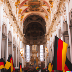 Kirche mit Deutschlandfahnen, DALL·E, prompted by Michael Voß