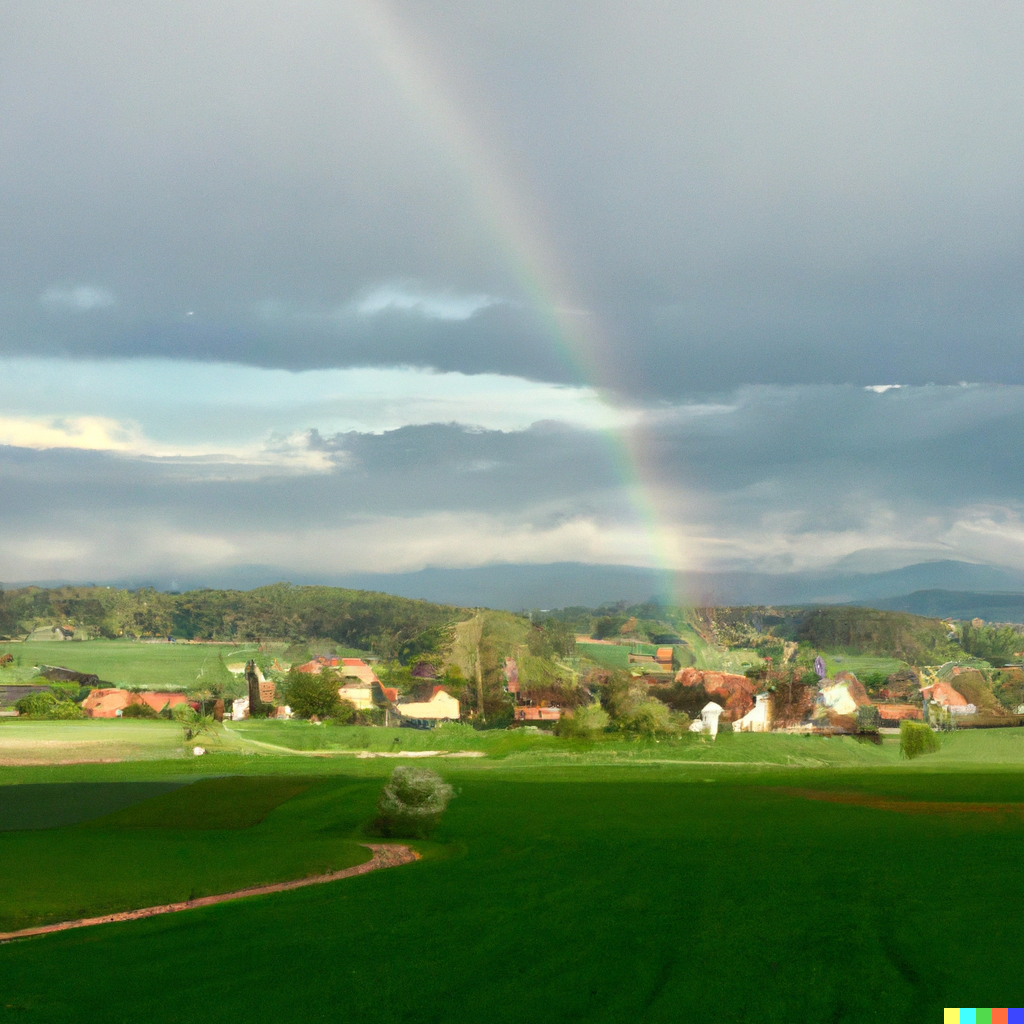 Dörfliche Idylle mit Regenbogen, DALL·E, prompted by Michael Voß