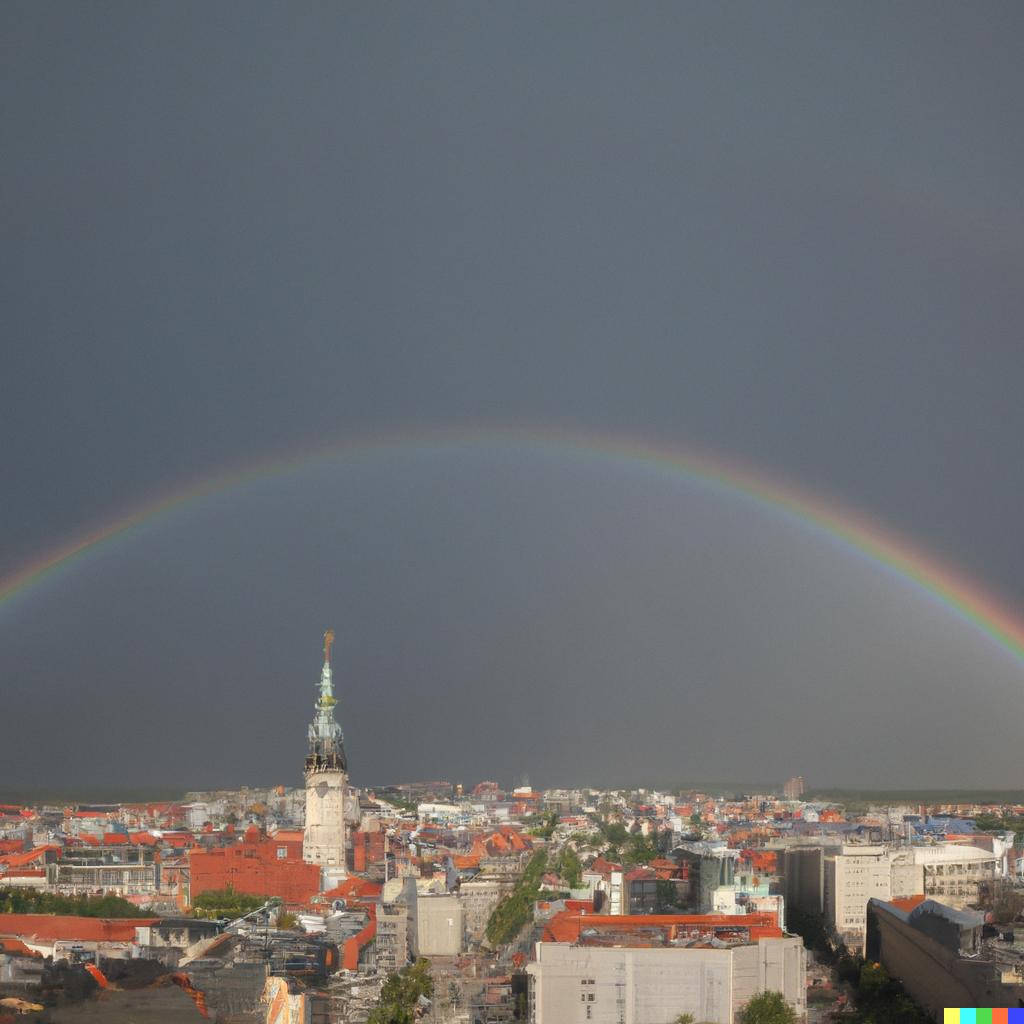 Regenbogen über Stadt, DALL·E, prompted by Michael Voß