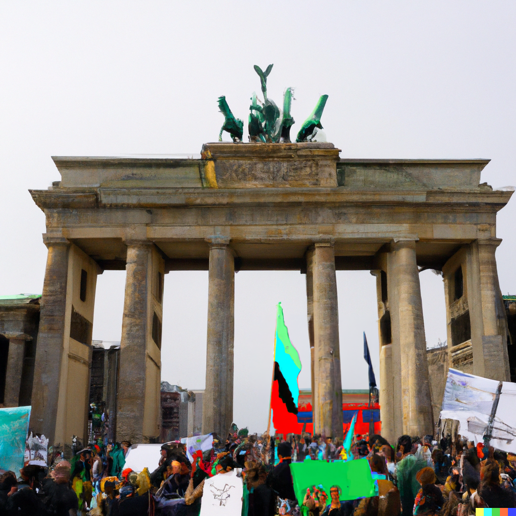 Brandenburger Tor mit Demonstranten, DALL·E, prompted by Michael Voß