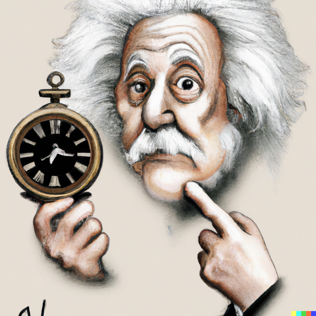 Albert Einstein mit Uhr, DALL·E, prompted by Michael Voß