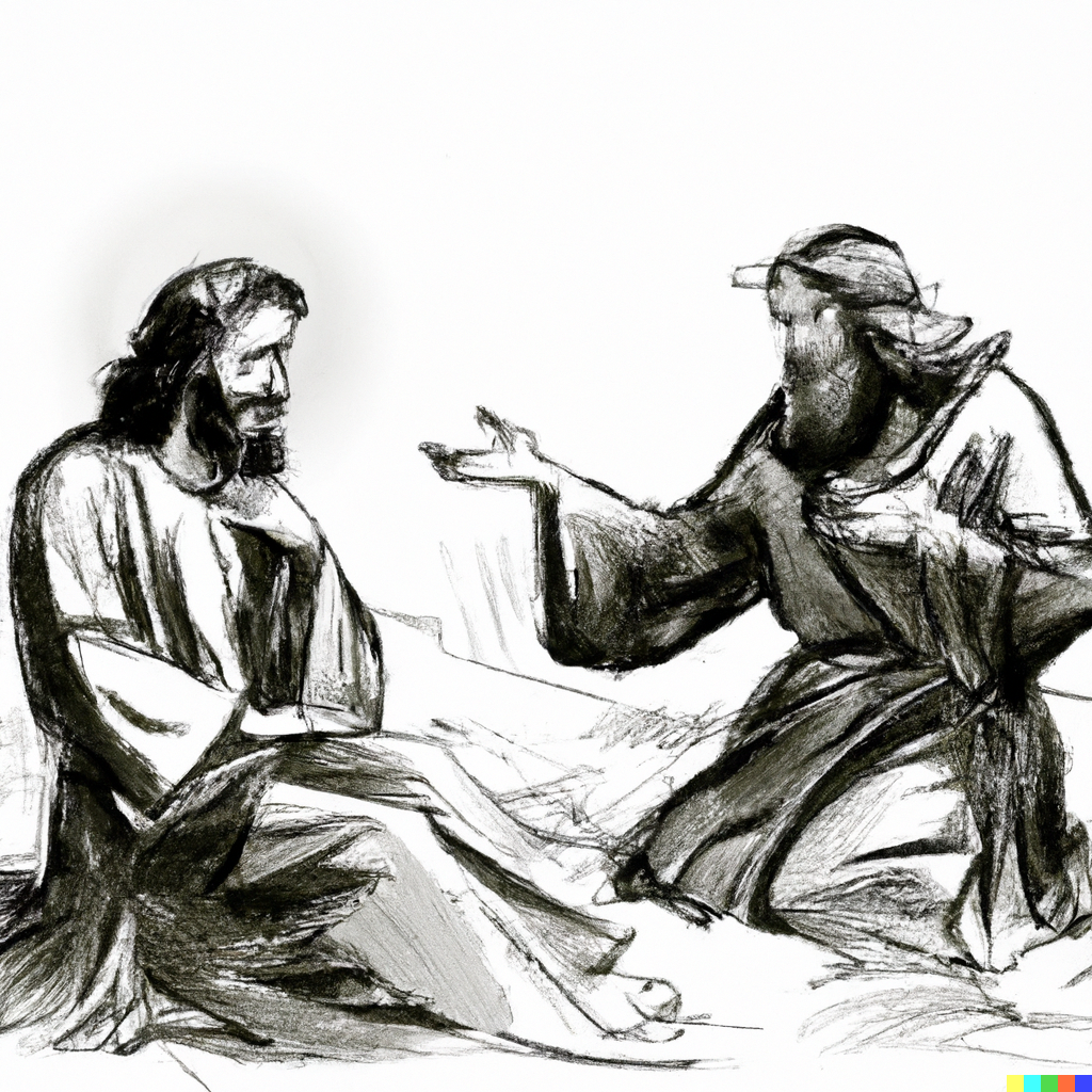 Der Zöllner Zachäus spricht mit Jesus Christus, DALL·E, prompted by Michael Voß