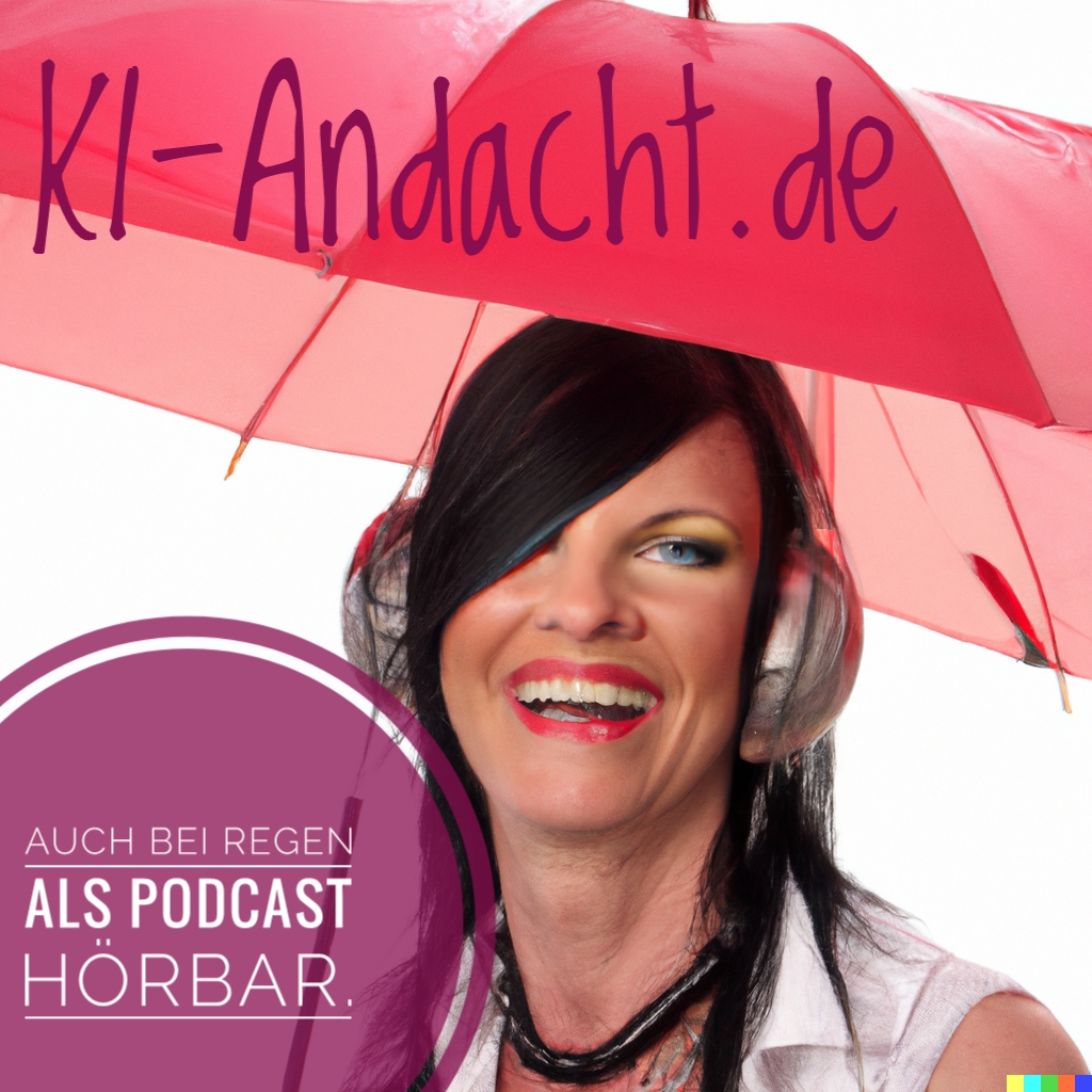 Frau mit Schirm hört Podcast, DALL·E, prompted by Michael Voß