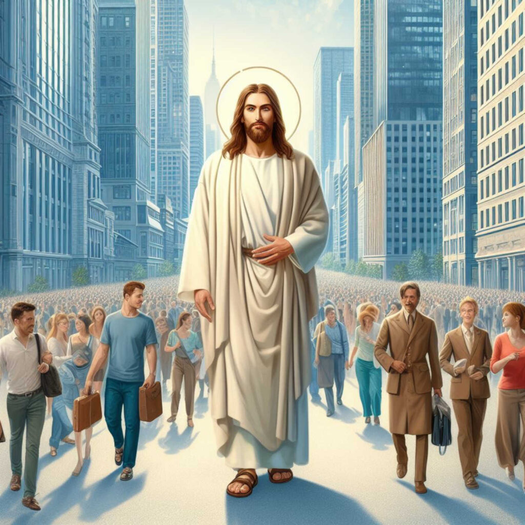 Jesus in der Stadt, Bing Image Creator, prompted by Michael Voß