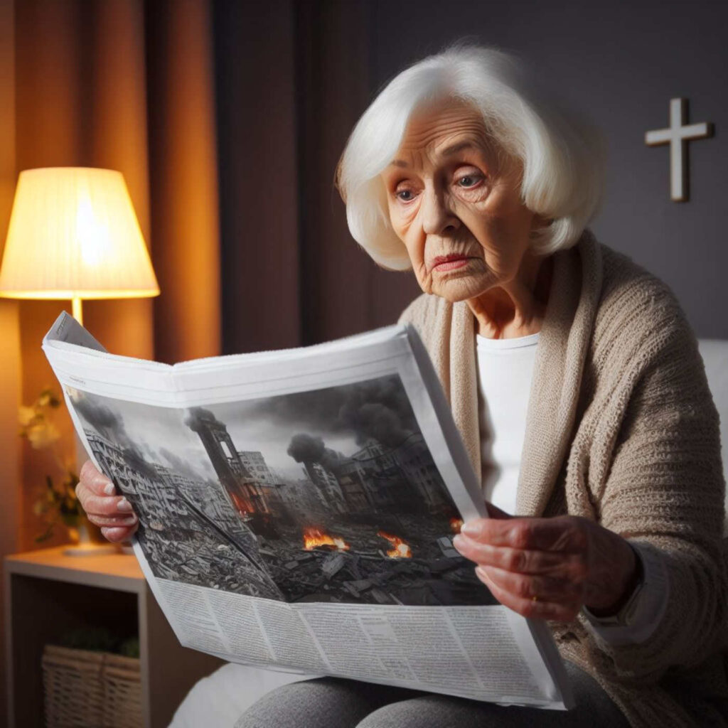 Ältere Dame liest die Zeitung, auch wenn es ihr bei soviel schlechten Nachrichten schwer fällt, Bing Image Creator, prompted by Michael Voß
