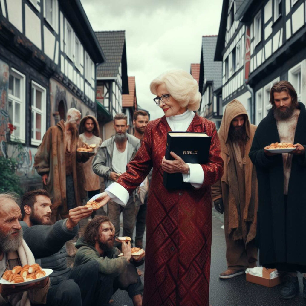 Ältere Dame verteilt essen, Bing Image Creator, prompted by Michael Voß