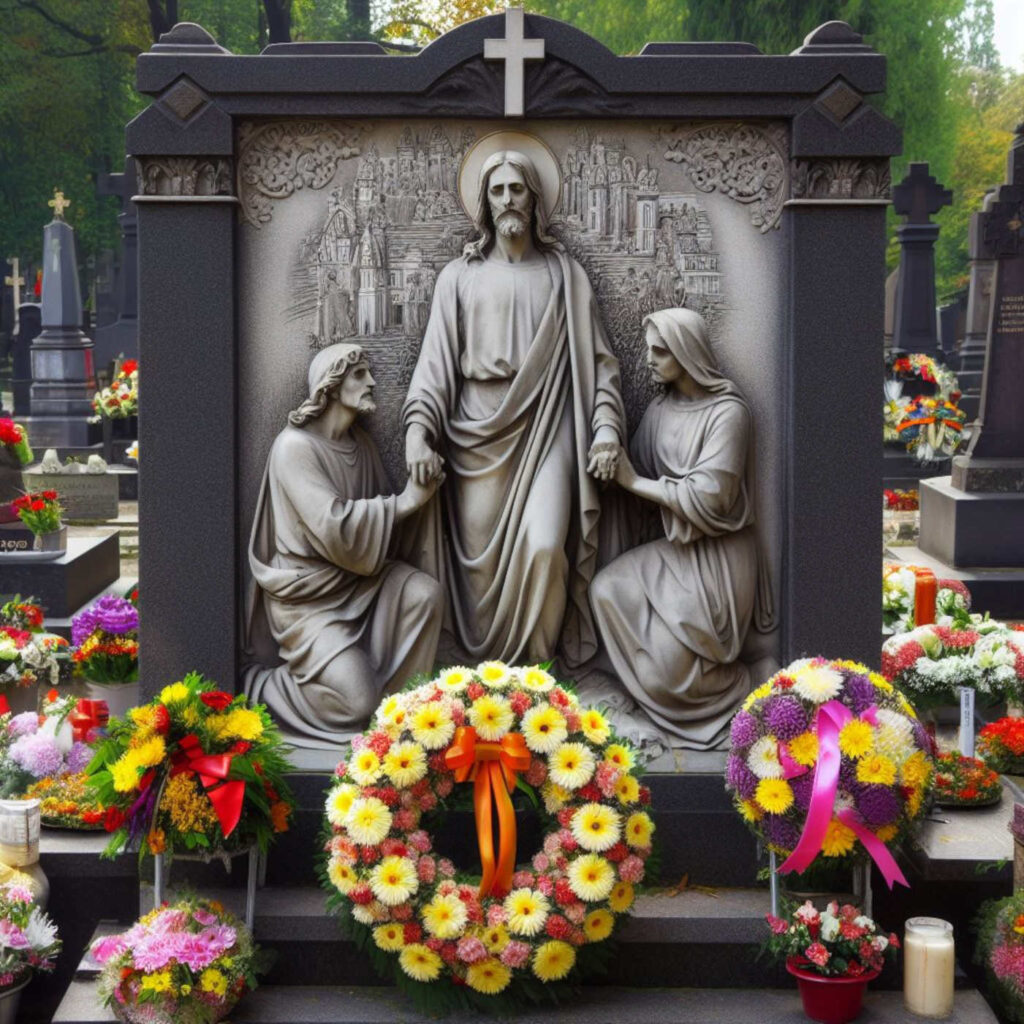 Jesus-Motiv auf einem Grabstein, Bing Image Creator, prompted by Michael Voß