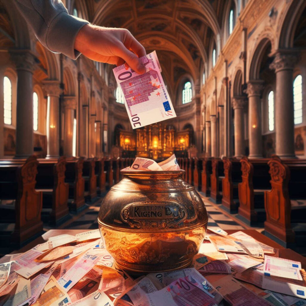 Geldsammlung in der Kirche, Bing Image Creator, prompted by Michael Voß