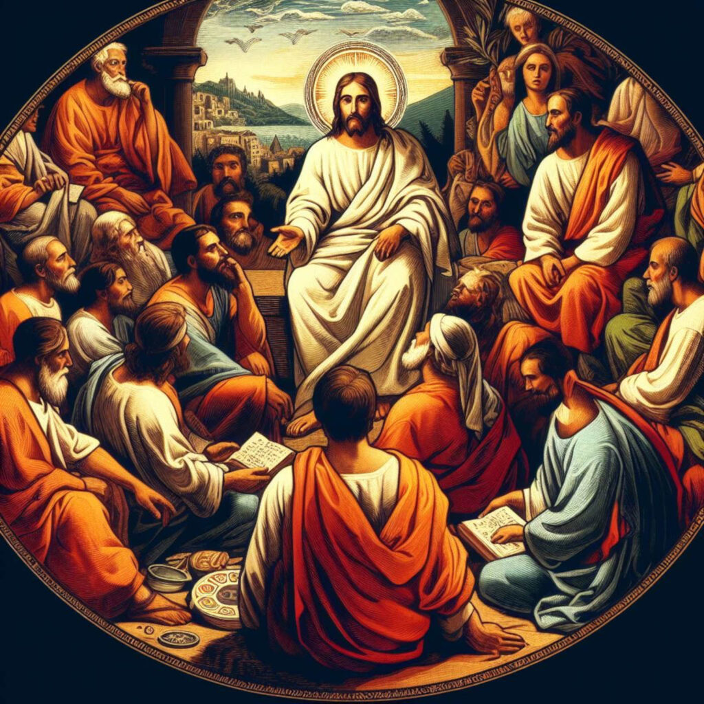 Jesus erzählt Menschen von Gott, Bing Image Creator, prompted by Michael Voß