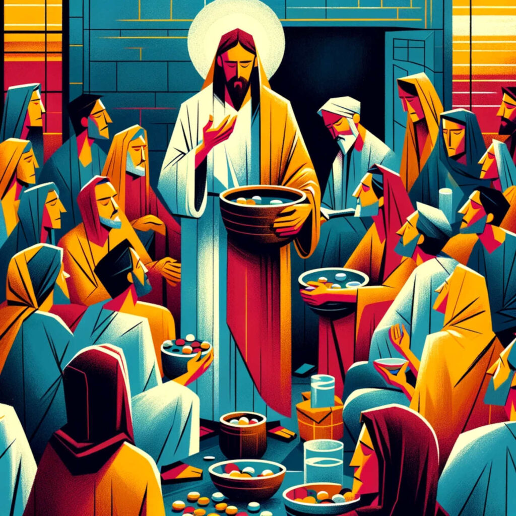 Jesus predigt, DALL·E, prompted by Michael Voß, das Bild wurde im Stil der Klassischen moderne gemalt