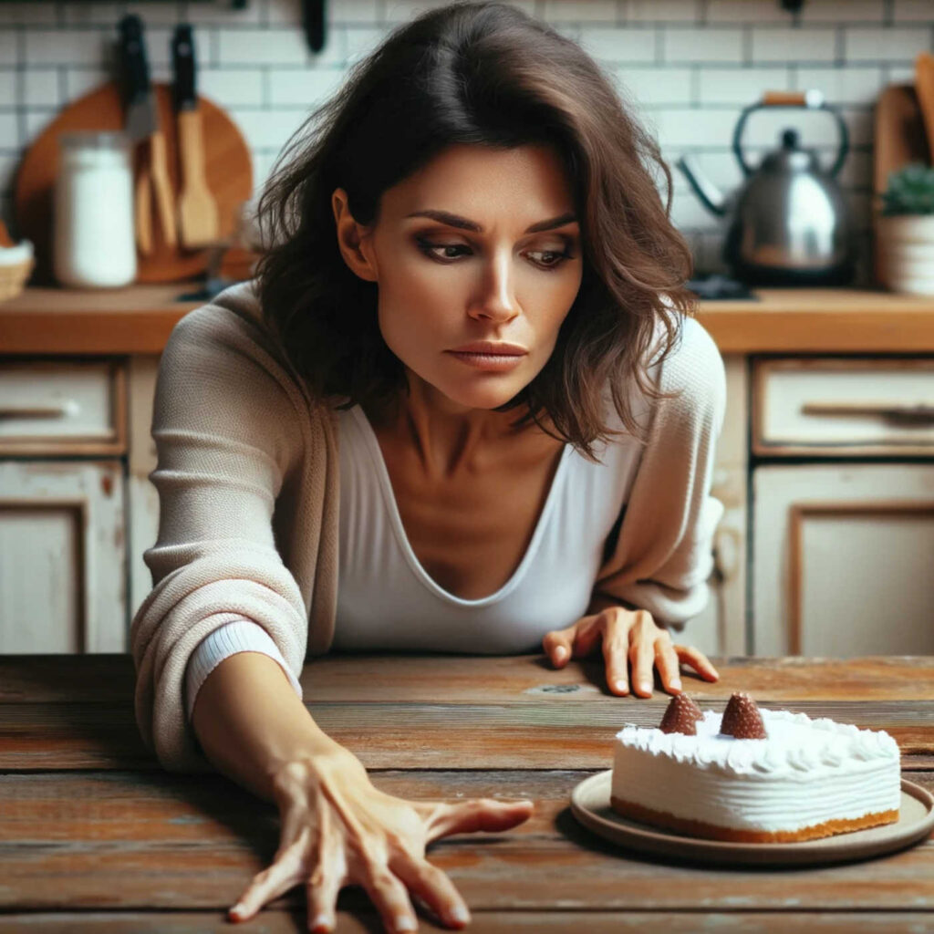 Frau überlegt, ob sie vom Kuchen naschen soll, DALL·E, prompted by Michael Voß