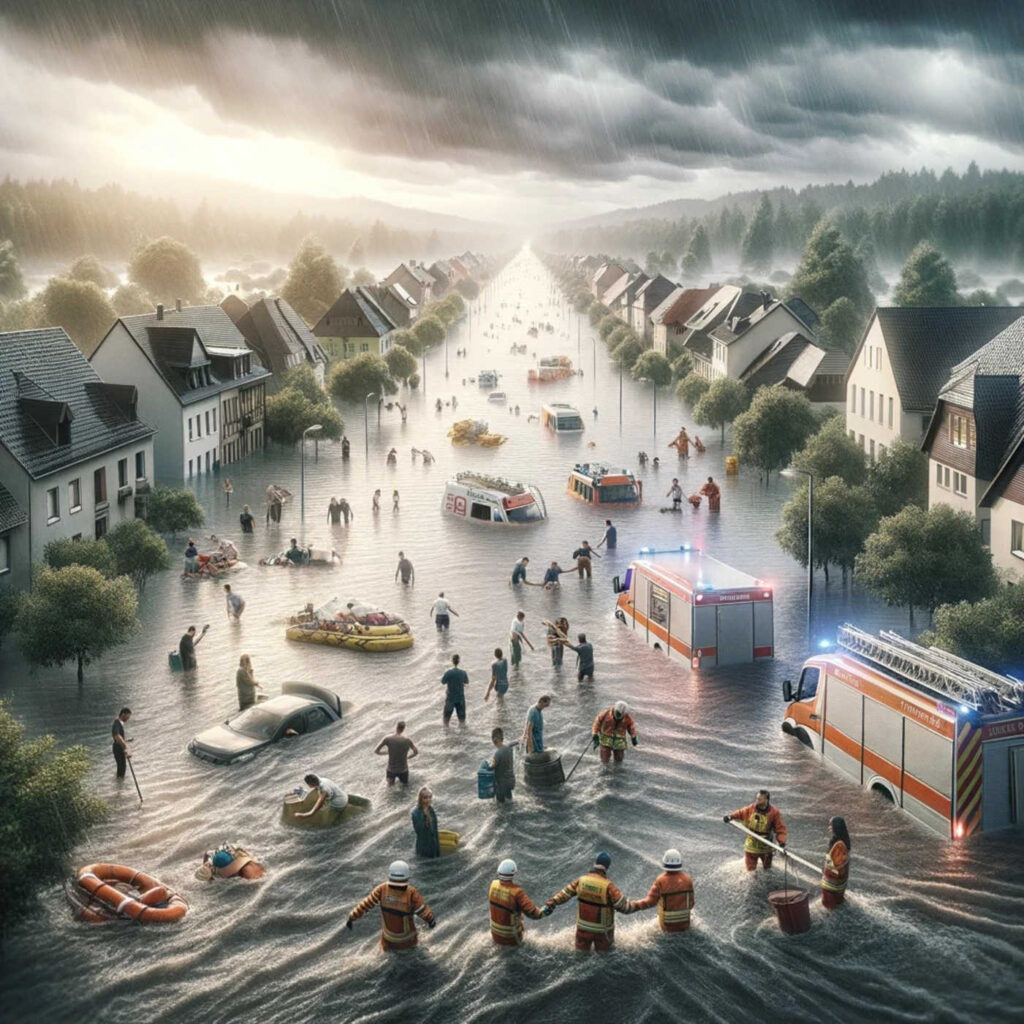 Einsatzkräfte im Hochwasser, DALL·E, prompted by Michael Voß