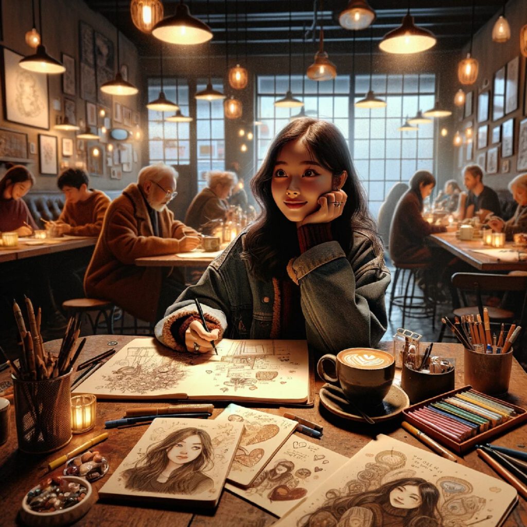 Mia skizziert in einem Café, DALL·E, prompted by Michael Voß