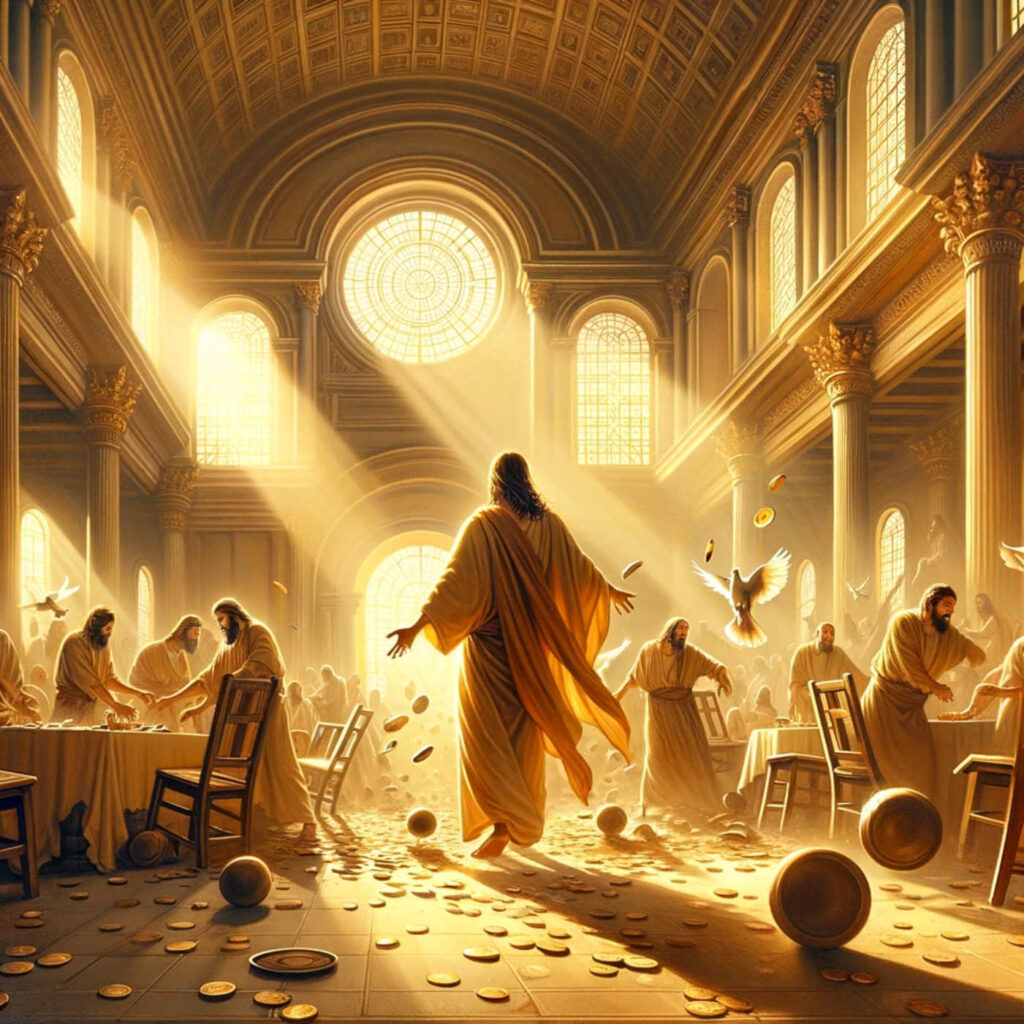 Jesus vertreibt Händler und Geldwechsler aus dem Tempel, DALL·E, prompted by Michael Voß