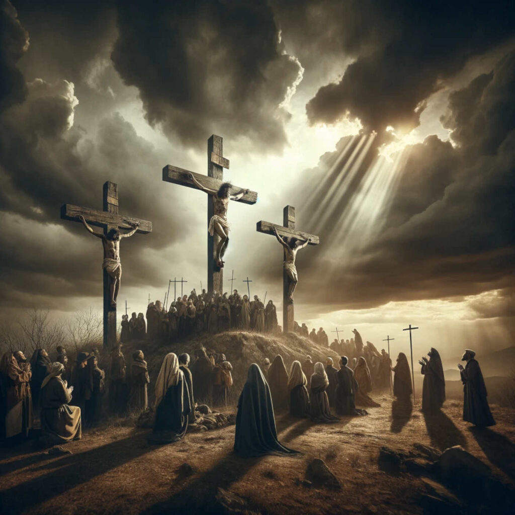 Jesus und zwei Verbrecher werden zum Tod am Kreuz verurteilt, DALL·E, prompted by Michael Voß