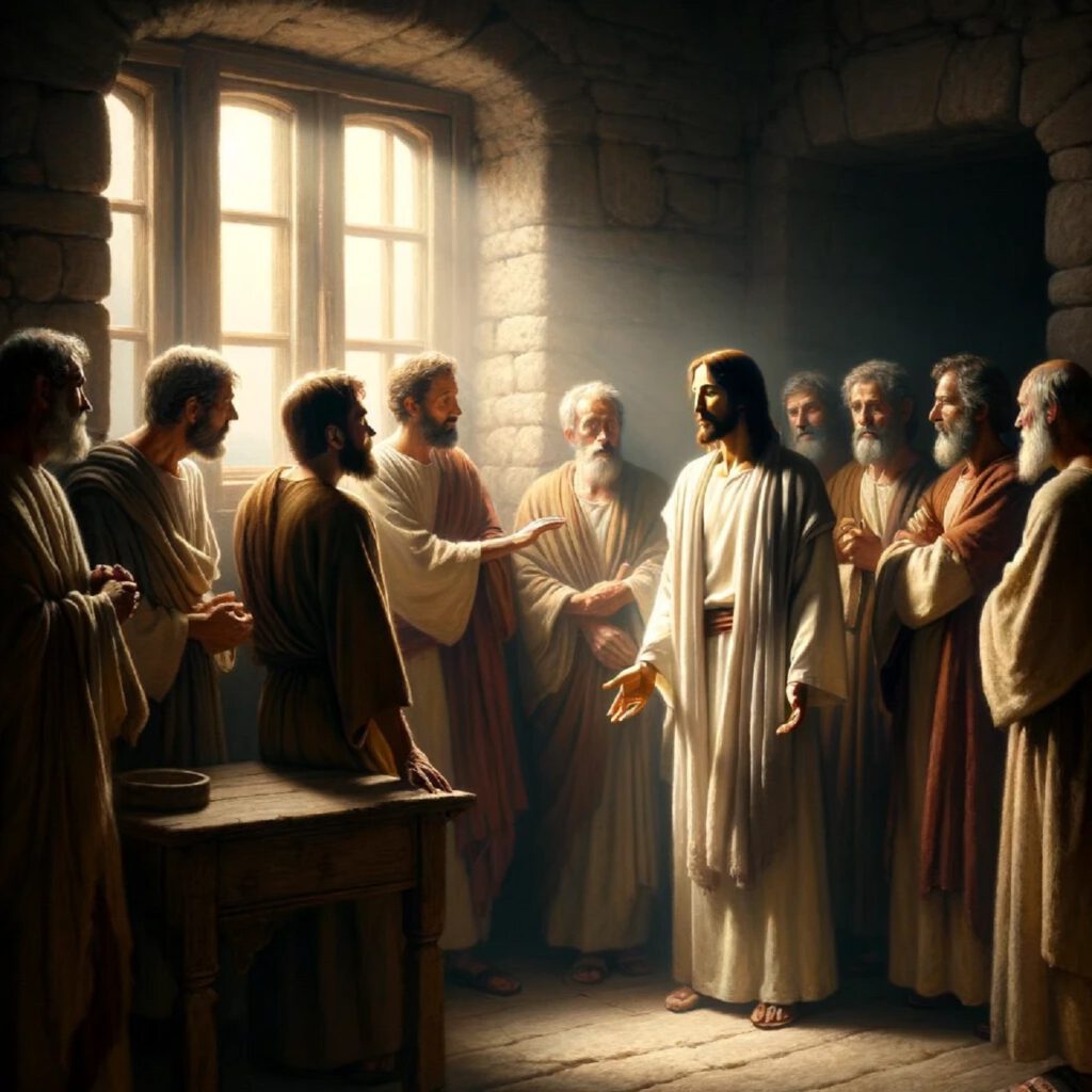 Der wiederauferstandene Jesus mit seinen Jüngern, DALL·E, prompted by Michael Voß