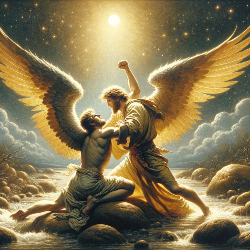 Jakob ringt mit Gott selbst, der als Engel dargestellt ist, DALL·E, prompted by Michael Voß