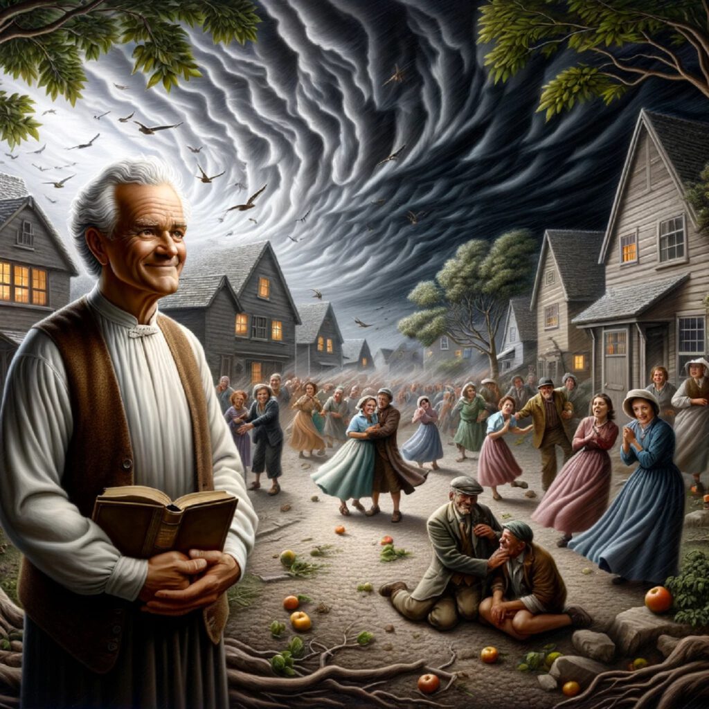 Ein alter Mann strahlt trotz eines großen Sturms Ruhe aus - inspiriert durch Psalm 23, DALL·E, prompted by Michael Voß