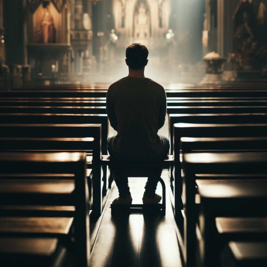 Ein Mann sitzt in der Stille der Kirche, DALL·E, prompted by Michael Voß
