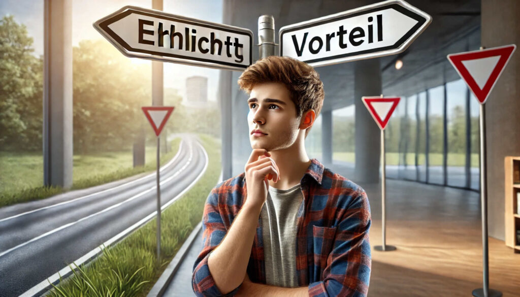 Ehrlichkeit oder Vorteil, DALL·E, prompted by ChatGPT 4o