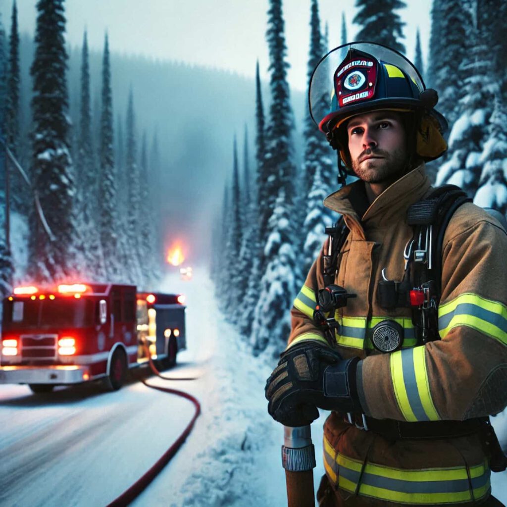 David ist Feuerwehrmann im verschneiten Wald von British Columbia, DALL·E, prompted by ChatGPT 4o