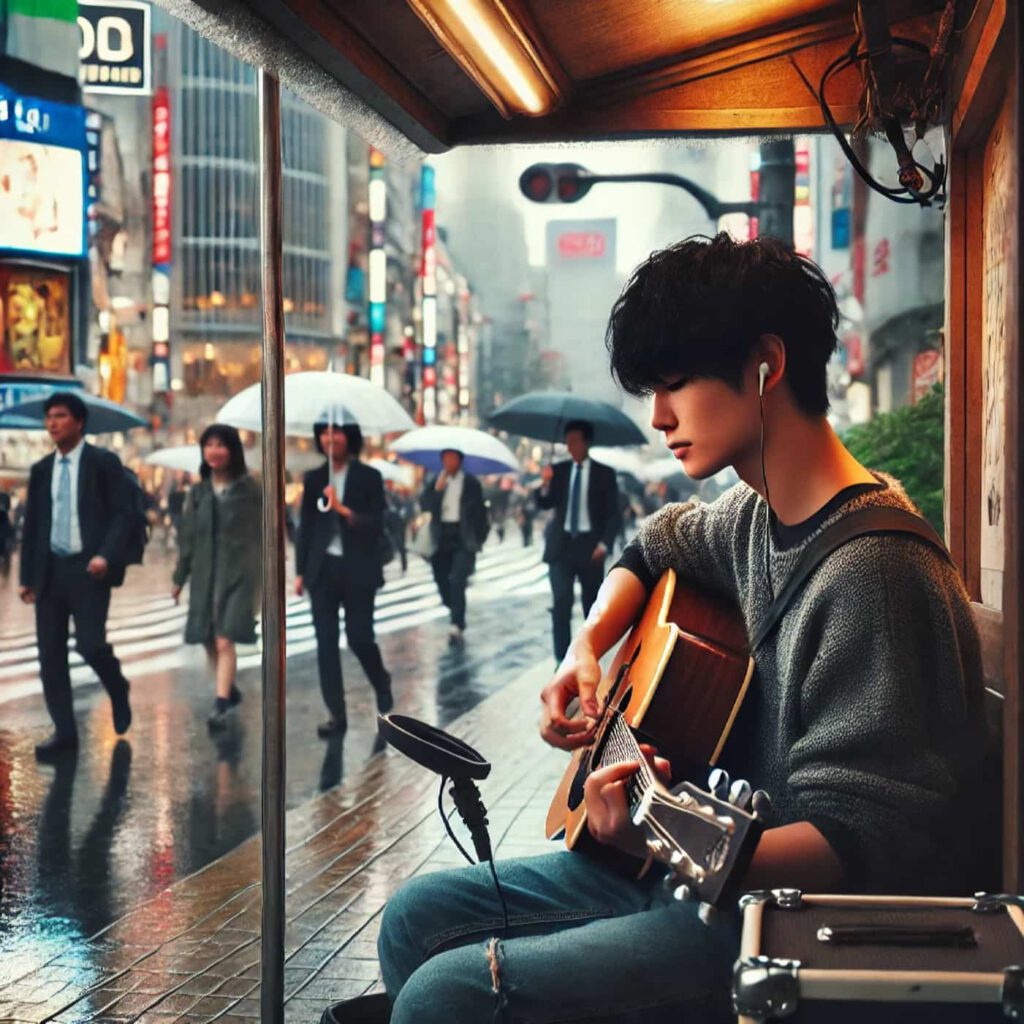 Kenji ist Straßenmusiker in Tokio, DALL·E, prompted by ChatGPT 4o