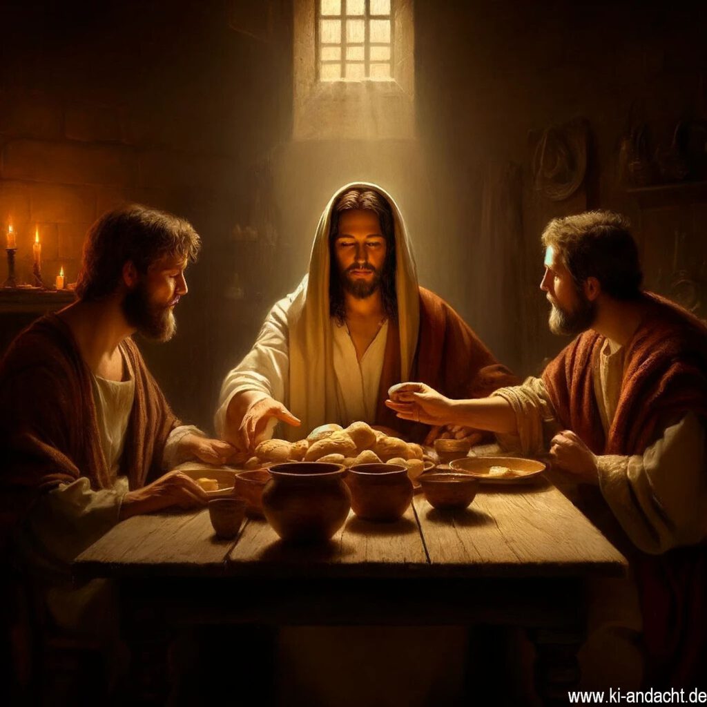 Jesus speißt zunächst unerkannt mit zwei seiner Jünger, DALL·E, prompted by Michael Voß