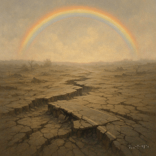 Regenbogen über kargem Boden, Sora, prompted by ChatGPT