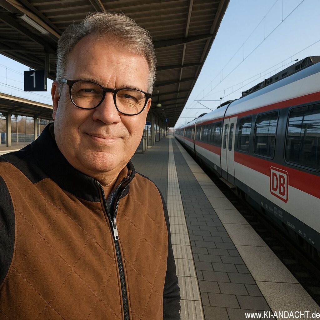 Der Herausgeber dieser Seite beim Warten auf den Zug - so wie es die KI sieht, Sora, prompted by Michael Voß