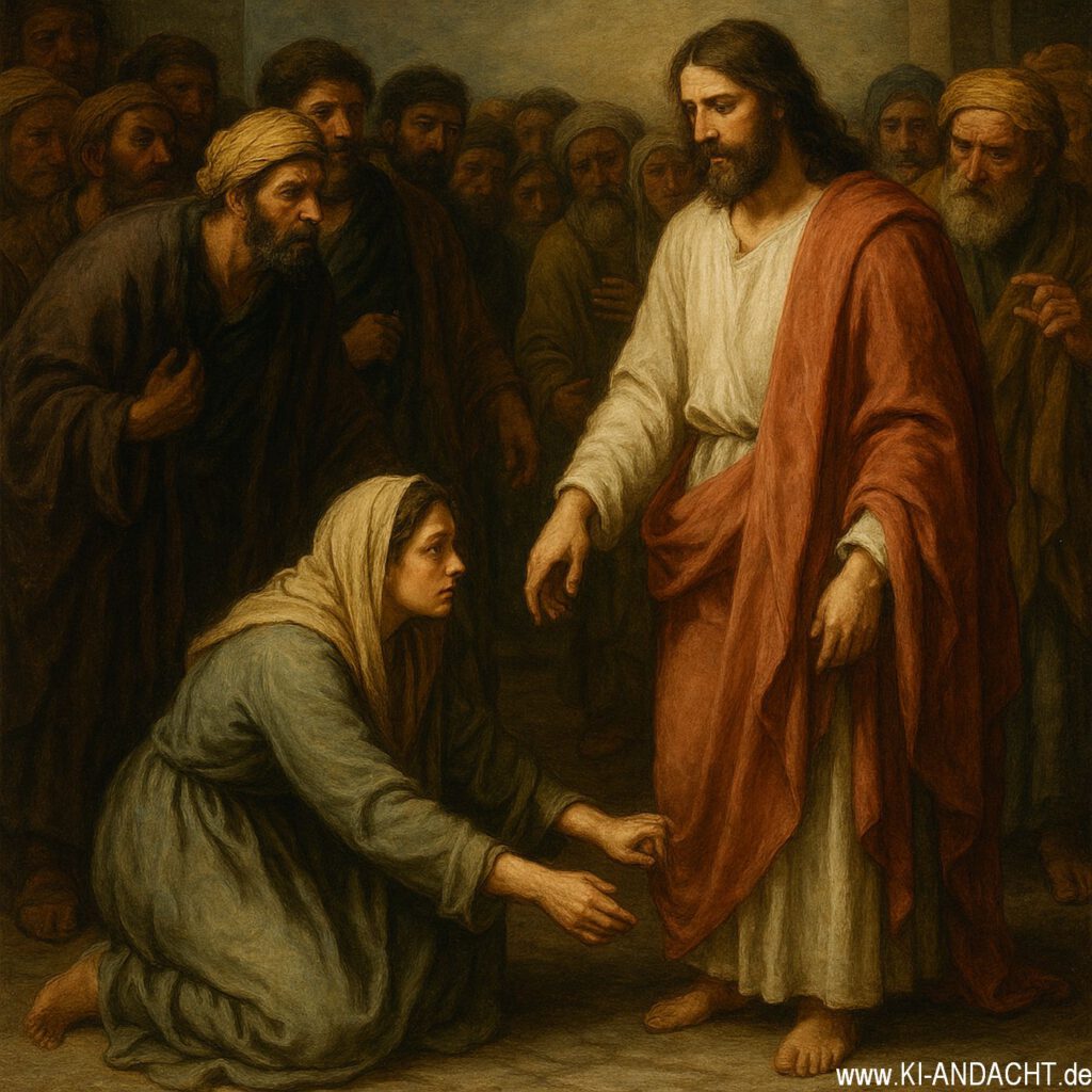 Frau berührt heimlich das Gewand Jesu inmitten einer dichten biblischen Menschenmenge, Imagen 3, prompted by ChatGPT