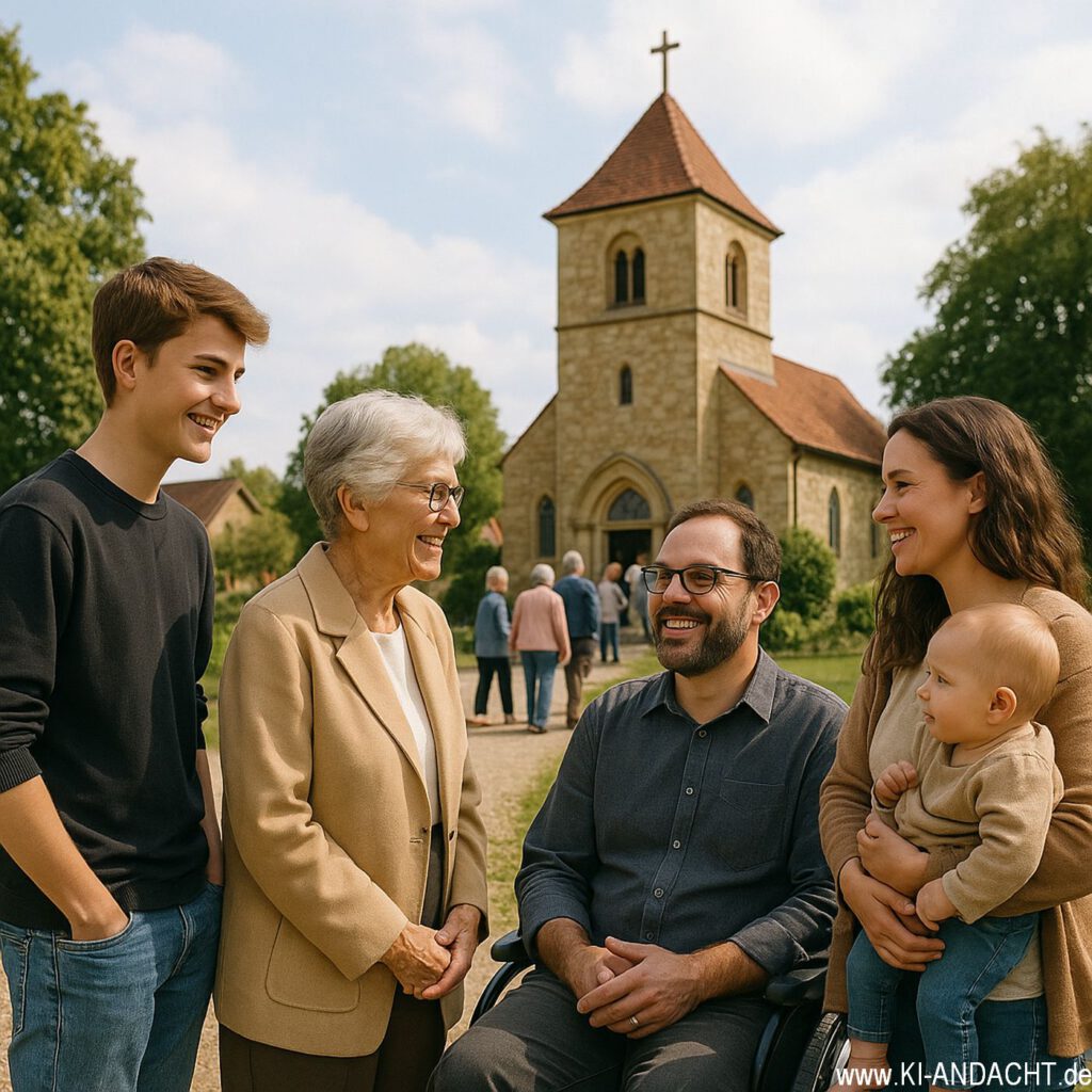 Gemeinde nach dem Gottesdienst - auch hier gibt es Vielfalt, Sora, prompted by ChatGPT