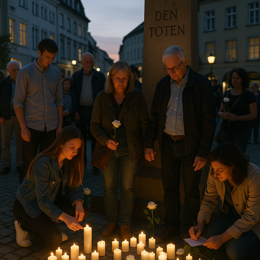 Kerzen und weiße Rosen vor einem Kriegsdenkmal, prompted by ChatGPT