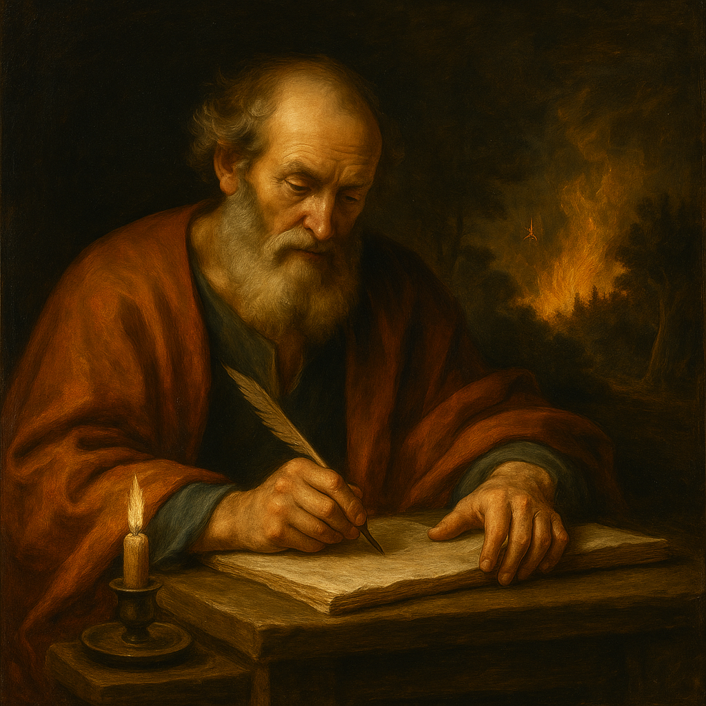 Apostel Jakobus beim Schreiben seines Briefes, prompted by ChatGPT