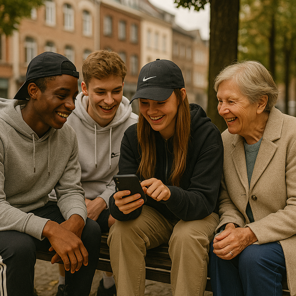Jugendliche und eine Seniorin reden über geeignete Texte, prompted by ChatGPT