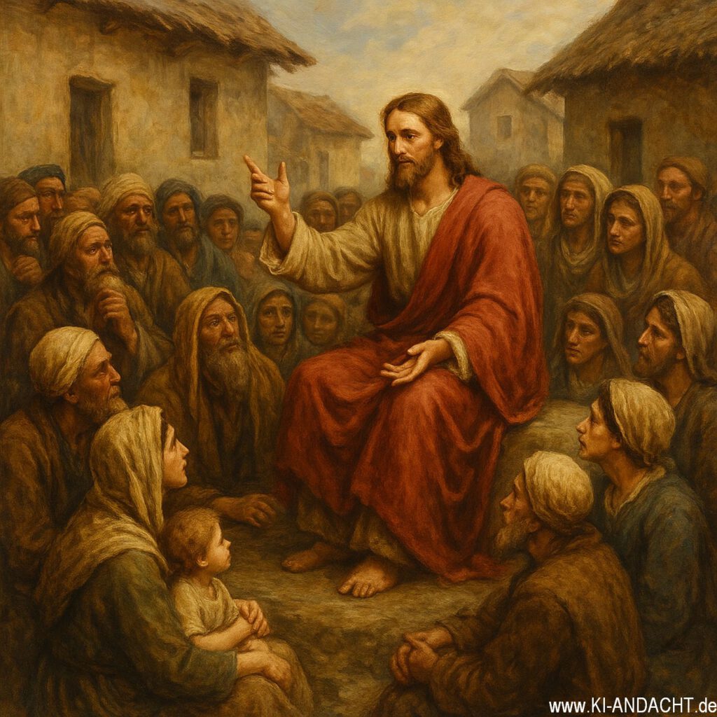 Jesus lehrt im Dorf, Sora, prompted by ChatGPT