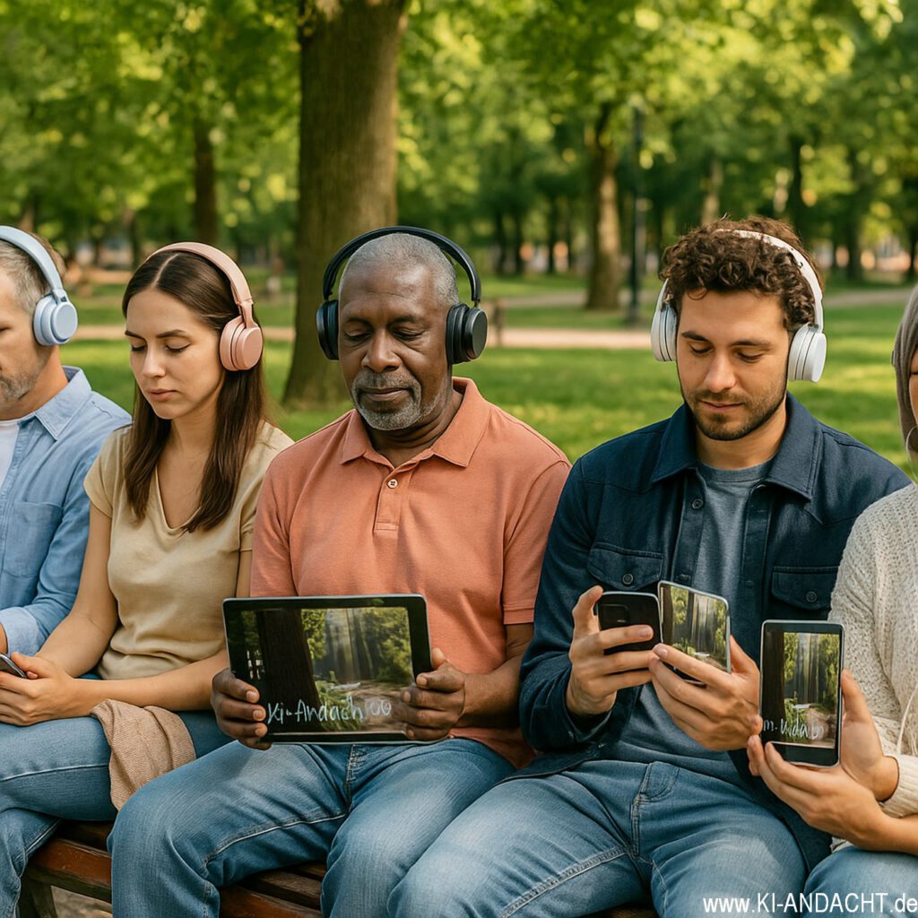 Digitale Andacht im Park, Sora, prompted by ChatGPT