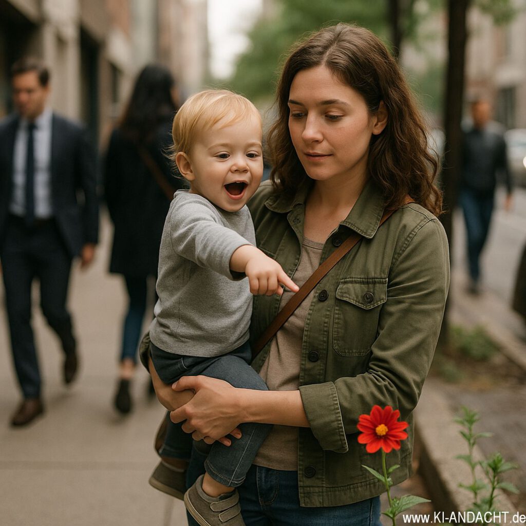 Mutter und Kind entdecken Blume, Sora, prompted by ChatGPT