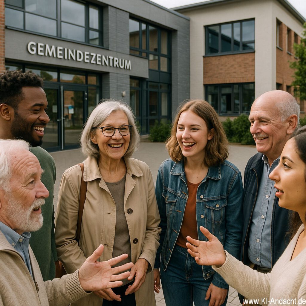 Belebte Diskussion vor Gemeindezentrum, Sora, prompted by ChatGPT