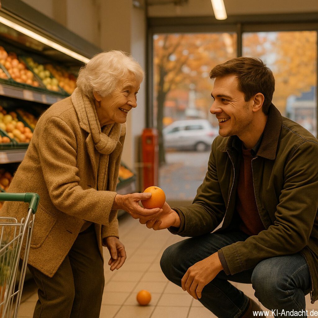 Hilfsbereitschaft im Supermarkt, Sora, prompted by ChatGPT