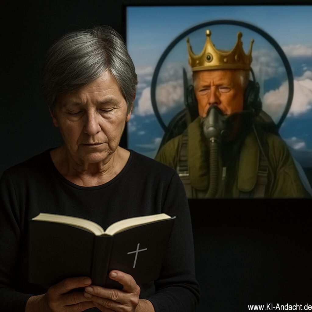 Nachdenkliche Christin vor Bildschirm mit Trump-Video, Sora, prompted by ChatGPT