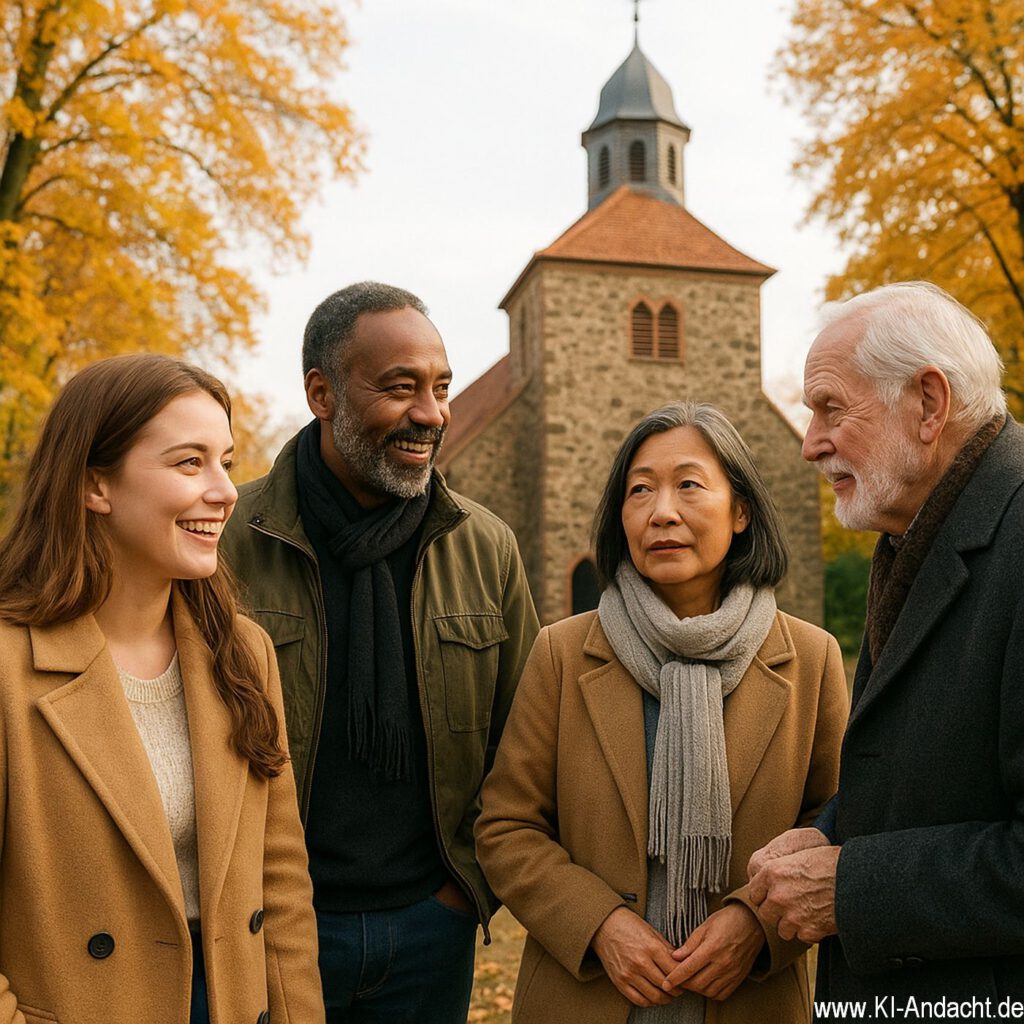 Gemeindemitglieder vor der Dorfkirche, Sora, prompted by ChatGPT
