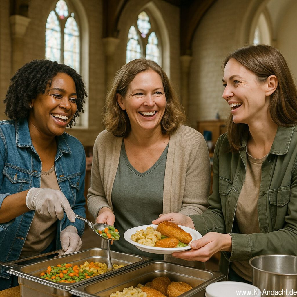 Fröhliche Essensausgabe in der Kirche, Sora, prompted by ChatGPT