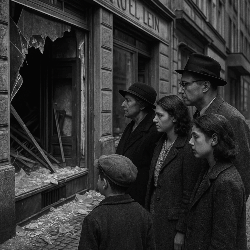 Jüdische Familie vor ihrem zerstörten Laden, prompted by ChatGPT