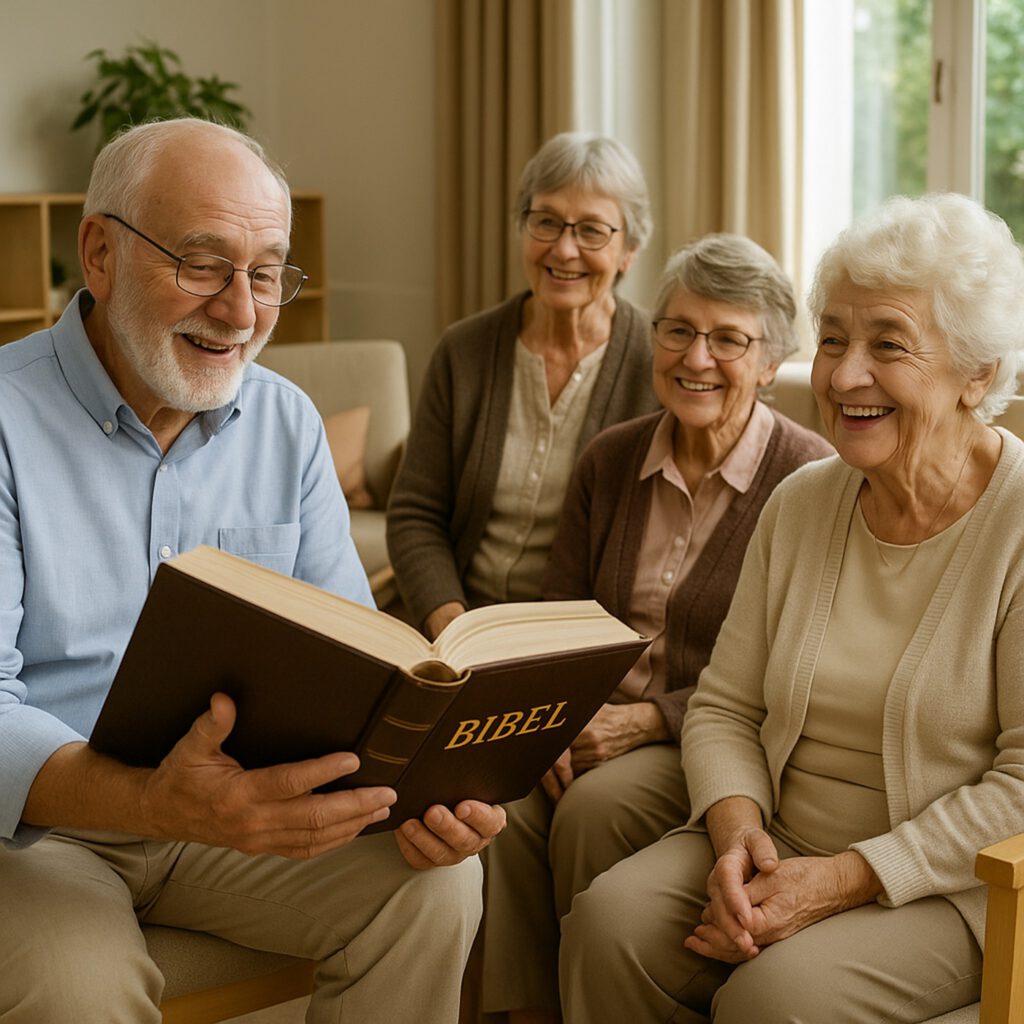 Vorlesen im Seniorenheim, Sora, prompted by ChatGPT