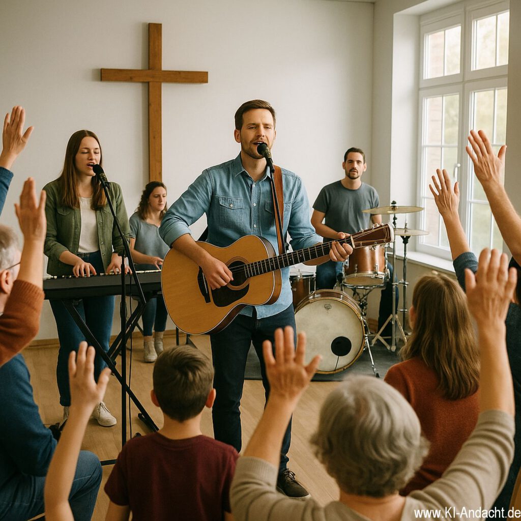 Kirchenband im Gemeinderaum, Sora, prompted by ChatGPT