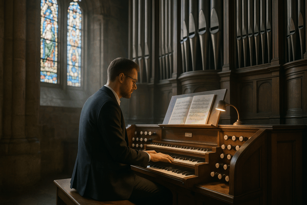 Kantor an seiner Orgel, Sora, prompted by ChatGPT