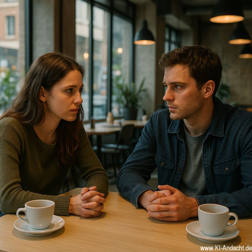 Ernstes Gespräch im Café, Sora, prompted by ChatGPT