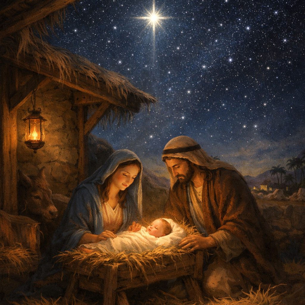 Heilige Nacht im Stall, Sora, prompted by ChatGPT